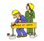 drawing of women in hard hats changing 
		Men at Work sign to Women at Work